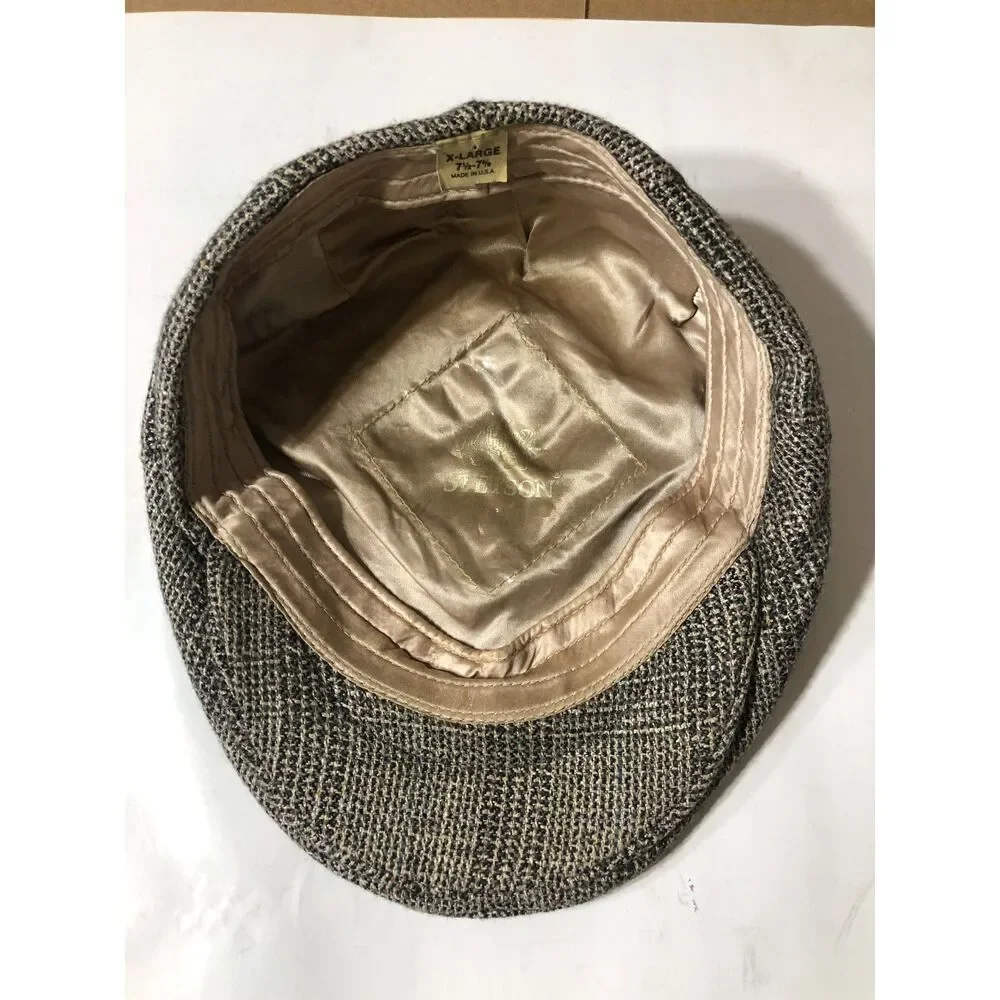 Vtg 80s Stetson Grey Brown Tweed Flat Cap Ivy Driving Cabbie Hat USA Made Sz XL